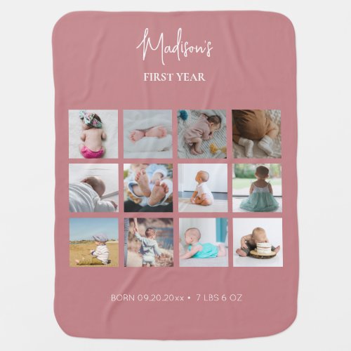 Babys First Year Photo Collage Birth Stats Pink Baby Blanket