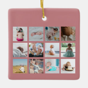 Baby's First Year Photo Collage Birth Stats Pink Ceramic Ornament