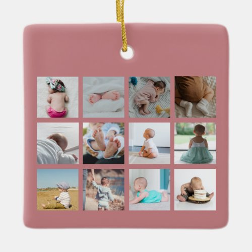 Babys First Year Photo Collage Birth Stats Pink  Ceramic Ornament