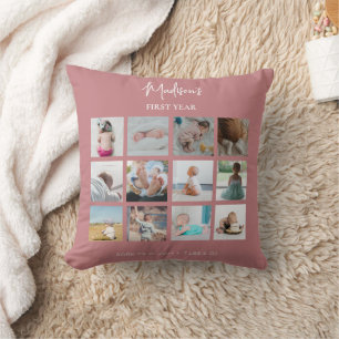 Baby's First Year Photo Collage Birth Stats Pink  Throw Pillow