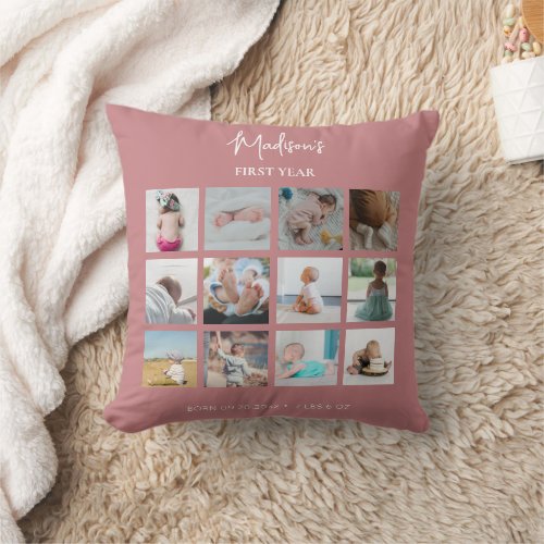 Babys First Year Photo Collage Birth Stats Pink  Throw Pillow