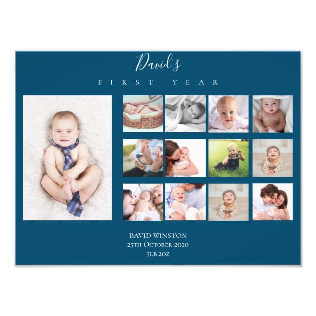 Baby's First Year Photo Collage Keepsake Navy Blue Print (Front)