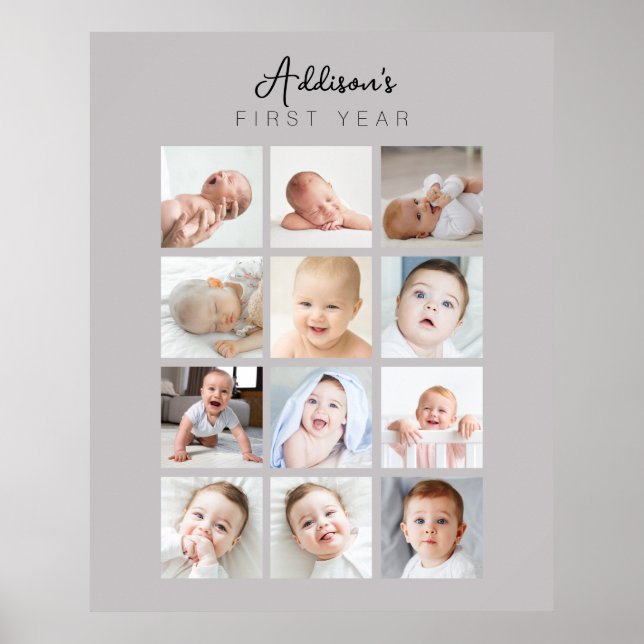 Baby's First Year Photo Poster Monthly Warm Gray (Front)