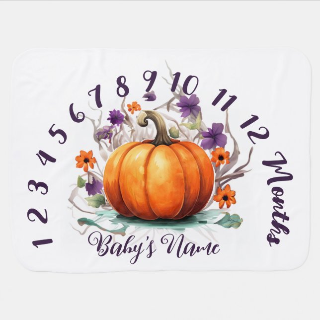 Baby's Floral Pumpkin Monthly Milestone Blanket (Horizontal)