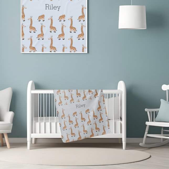 Baby's Giraffe Pattern Monogrammed Light Blue Baby Blanket (Creator Uploaded)
