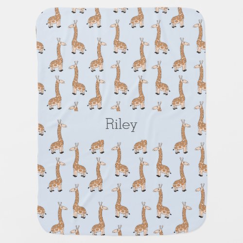 Babys Giraffe Pattern Monogrammed Light Blue Baby Blanket