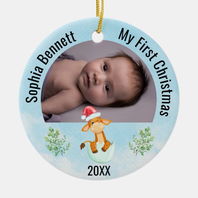 Babys My First Christmas 2023 Personalized 2 Photo Ceramic Ornament (Front)
