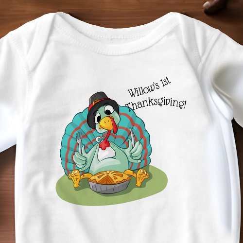 Babys Name 1st Thanksgiving Cute Blue Turkey Pie Baby Bodysuit