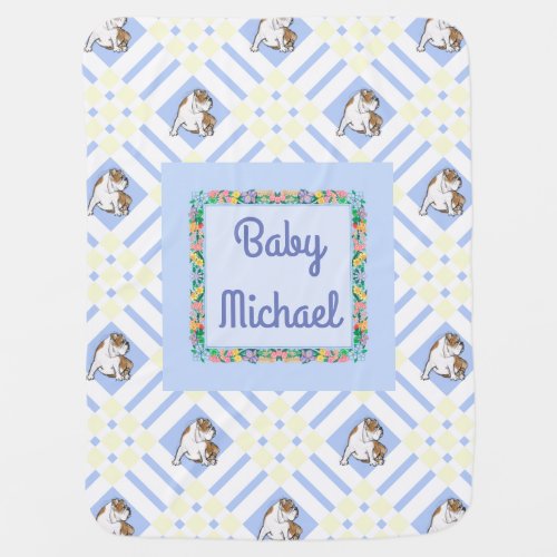 Babys Name Blue English Bulldog Swaddle Blanket