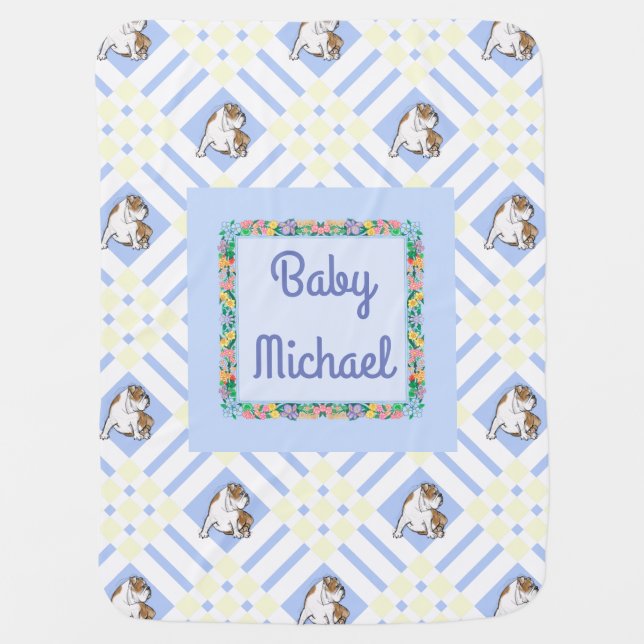 Baby's Name Blue English Bulldog Swaddle Blanket (Front)