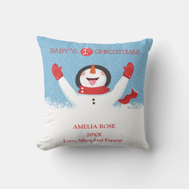Babys Name First Christmas Snowman Throw Pillow (Front)