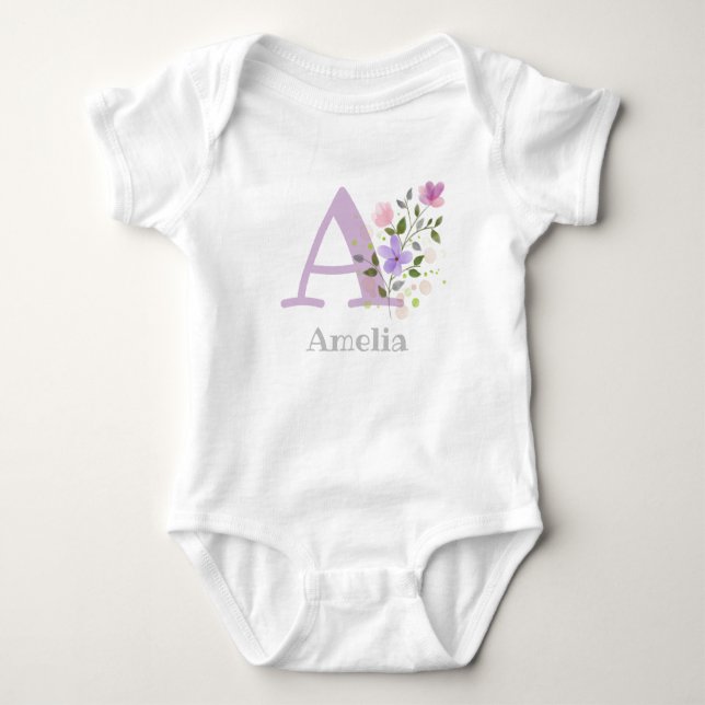Baby's Name & Initial with Flowers Baby Bodysuit (Front)