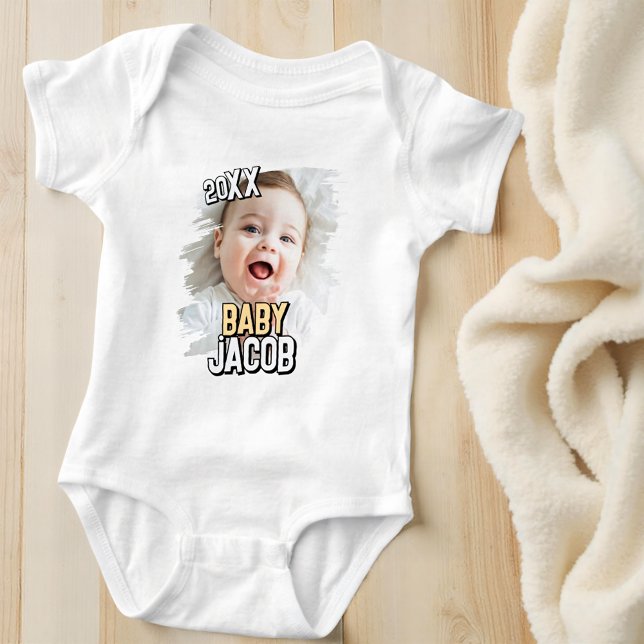 Baby's Name Modern Simple Grunge Custom Baby Photo Bodysuit (Creator Uploaded)