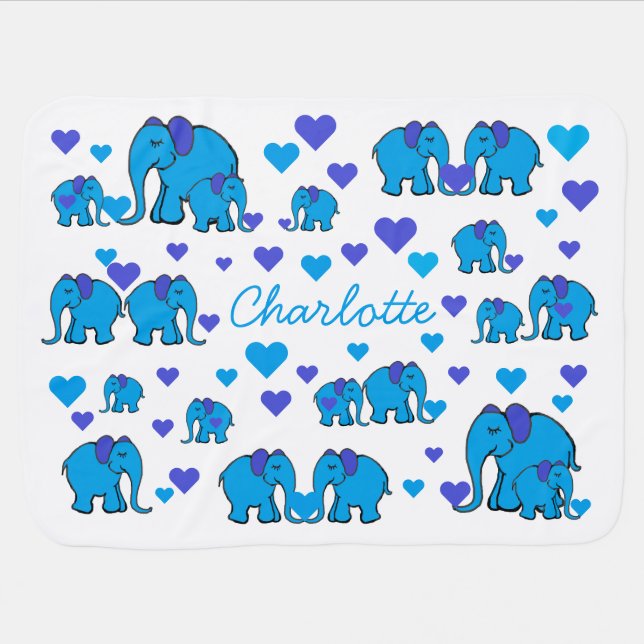 Baby's Name on Blue Elephants and Hearts Blanket (Horizontal)