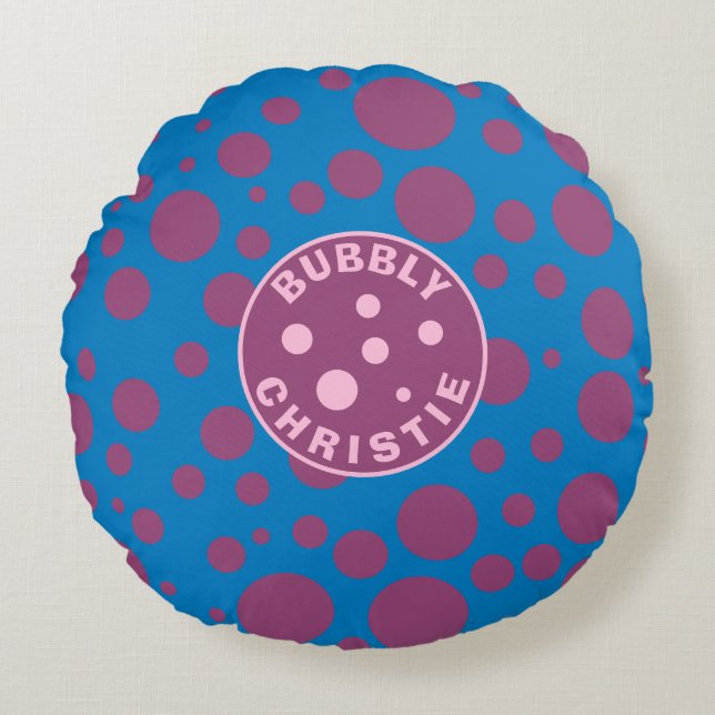 Baby's Name Purple Polka Dots Bubbly Blue Trippy Round Pillow (Front)