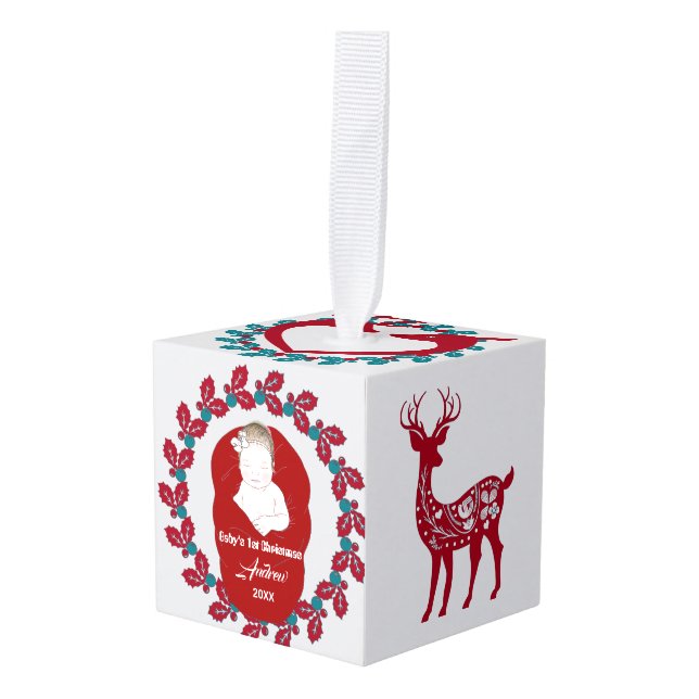Baby's One Photo Scandinavian Nordic Christmas  Cube Ornament (Front Angled)
