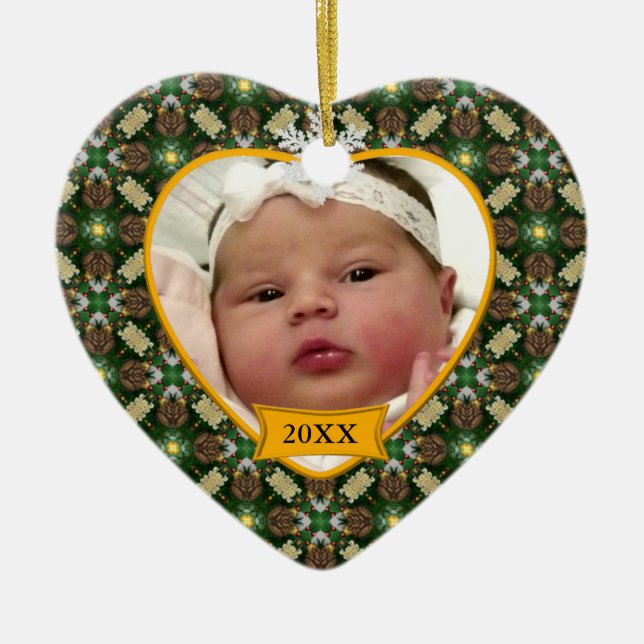 Baby's Photo Keepsake Christmas Tree Pinecone Ceramic Ornament (Front)