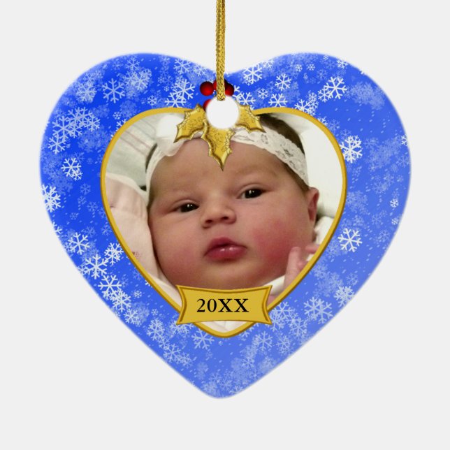 Baby's Photo Keepsake Gold Blue Snowy Christmas Ceramic Ornament (Back)