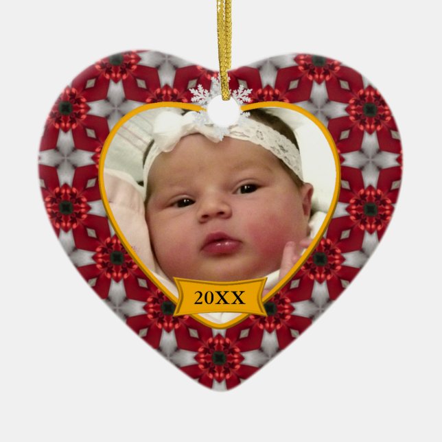 Baby's Photo Keepsake Red Christmas Pattern Ceramic Ornament (Front)