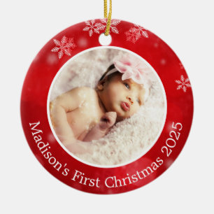 Baby's Red Snowflake Personalized First Christmas  Ceramic Ornament