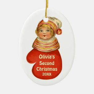 Baby's Second Christmas Custom Name Vintage W1383 Ceramic Ornament