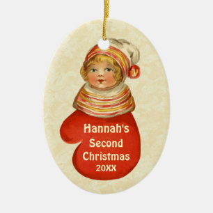 Baby's Second Christmas Custom Name Vintage W1383A Ceramic Ornament