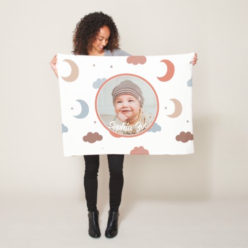 Babys Sky Moons and Clouds with Name and Photo Fleece Blanket