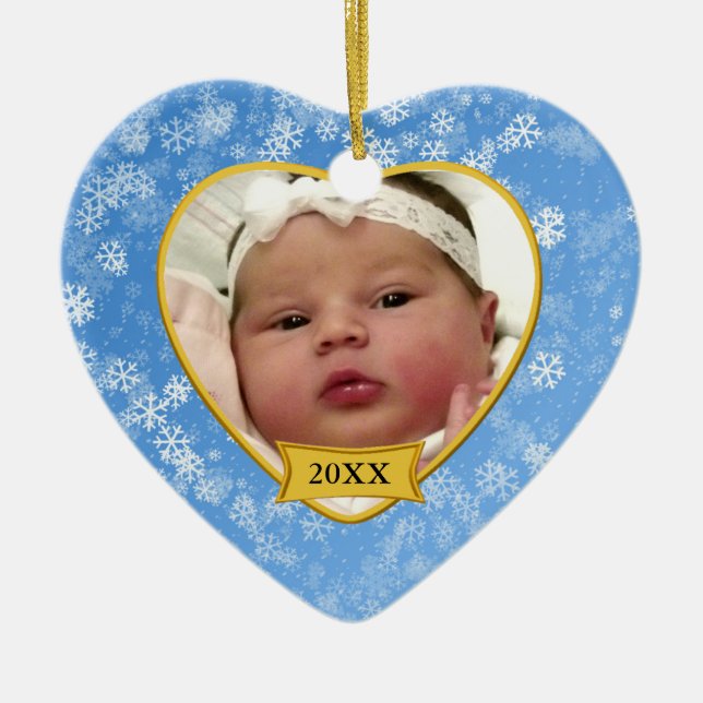 Baby's Snowy Blue Photo Keepsake Christmas Ceramic Ornament (Front)