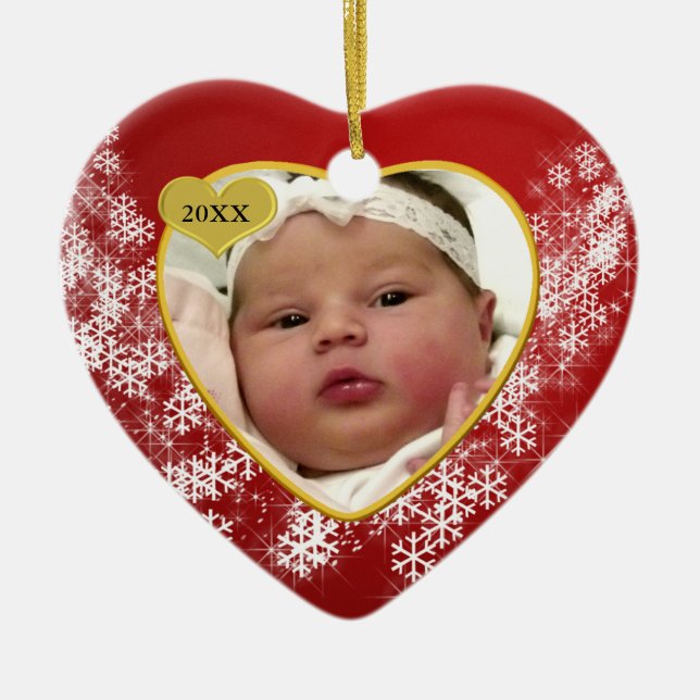Babys Snowy Christmas Red Heart Photo Ceramic Ornament (Front)