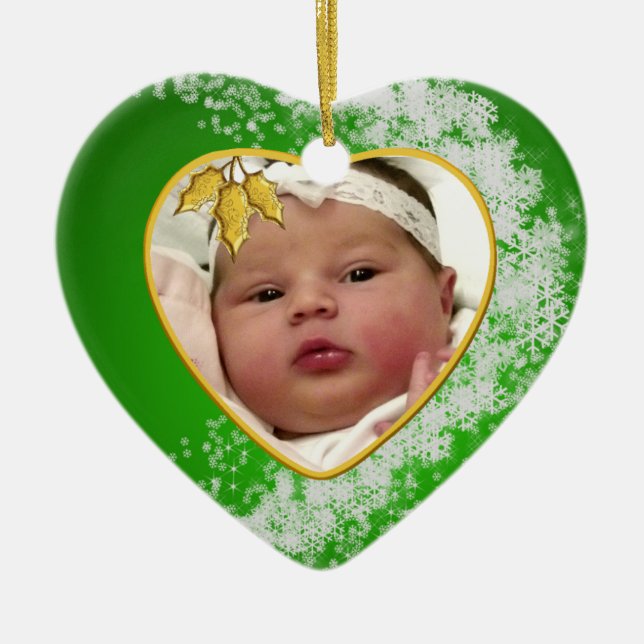 Baby's Snowy Green Photo Christmas Heart Ceramic Ornament (Front)