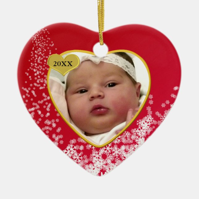 Baby's Snowy Red Photo Heirloom Christmas Ceramic Ornament (Front)