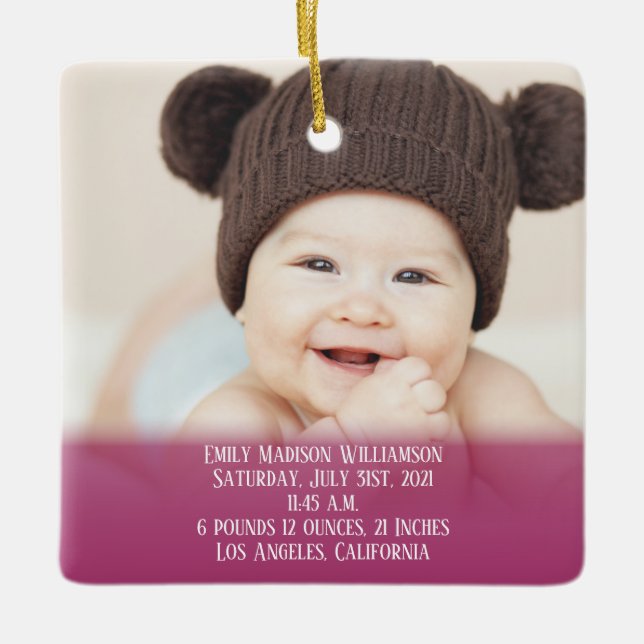 Baby's Stats Pink 1st Christmas Photo Ceramic Orna Ceramic Ornament (Front)