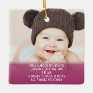 Baby's Stats Pink 1st Christmas Photo Ceramic Orna Ornament