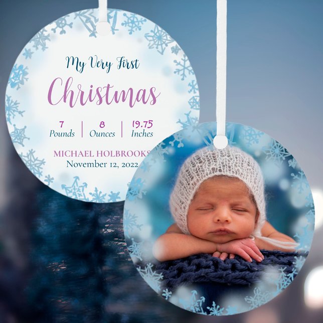 Baby's Very First Christmas Photo Birth Stats  Ceramic Ornament (Creator Uploaded)