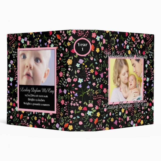 Baby's Year One Pink Floral Personalized Photo 3 Ring Binder (Background)