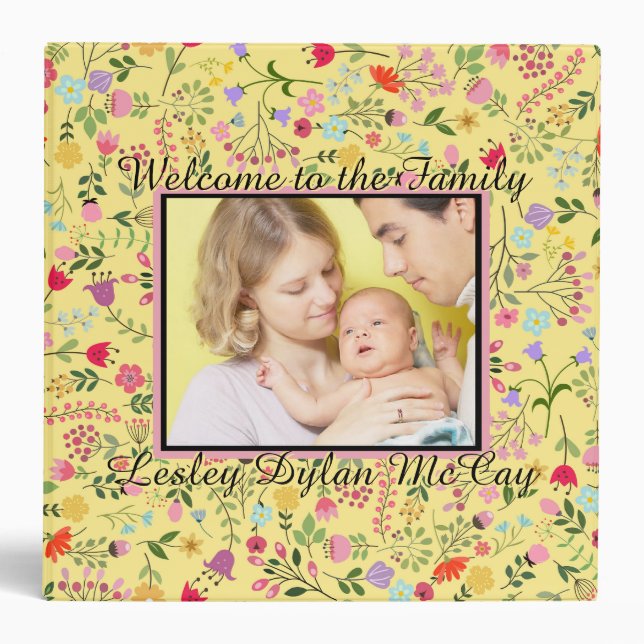 Baby's Year One Yellow Floral Personalized Photo 3 Ring Binder (Front)