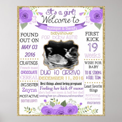 Babyshower sign poster Flowers its a girl purple