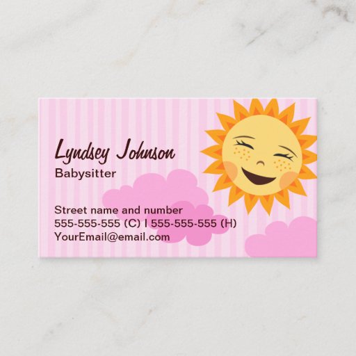 Customizable Babysitter business card, pink with cute sun