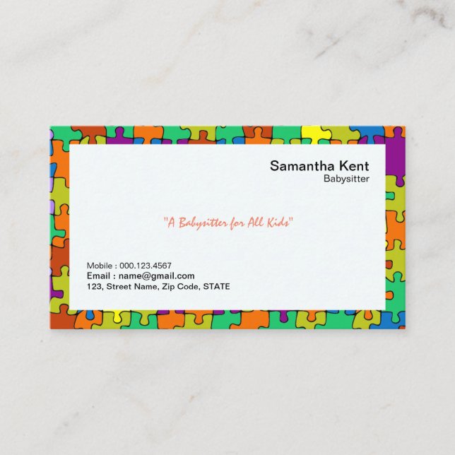 Babysitter Colorful Jigsaw Borders Business Card (Front)