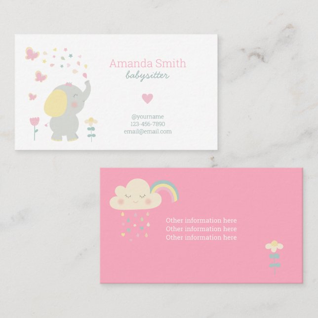 Babysitter Cute Elephant Babysitting Service Business Card (Front/Back)