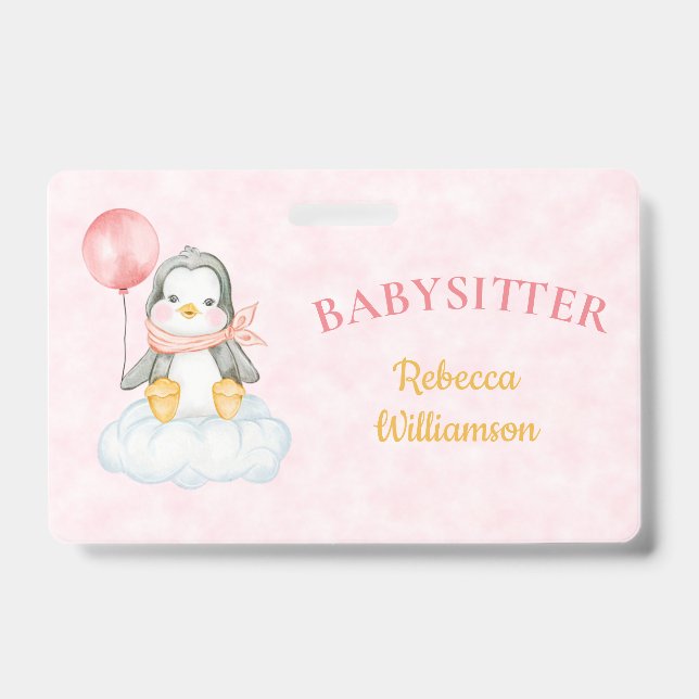 Babysitter Cute Penguin Business Name Tag Badge (Front)