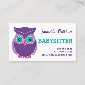 Babysitter Cute Purple Owl Childcare Provider Business Card by samanndesigns at Zazzle