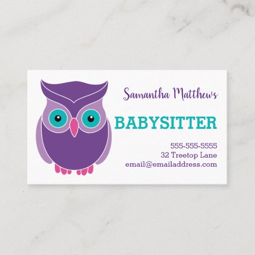 Babysitter Cute Purple Owl Childcare Provider Business Card