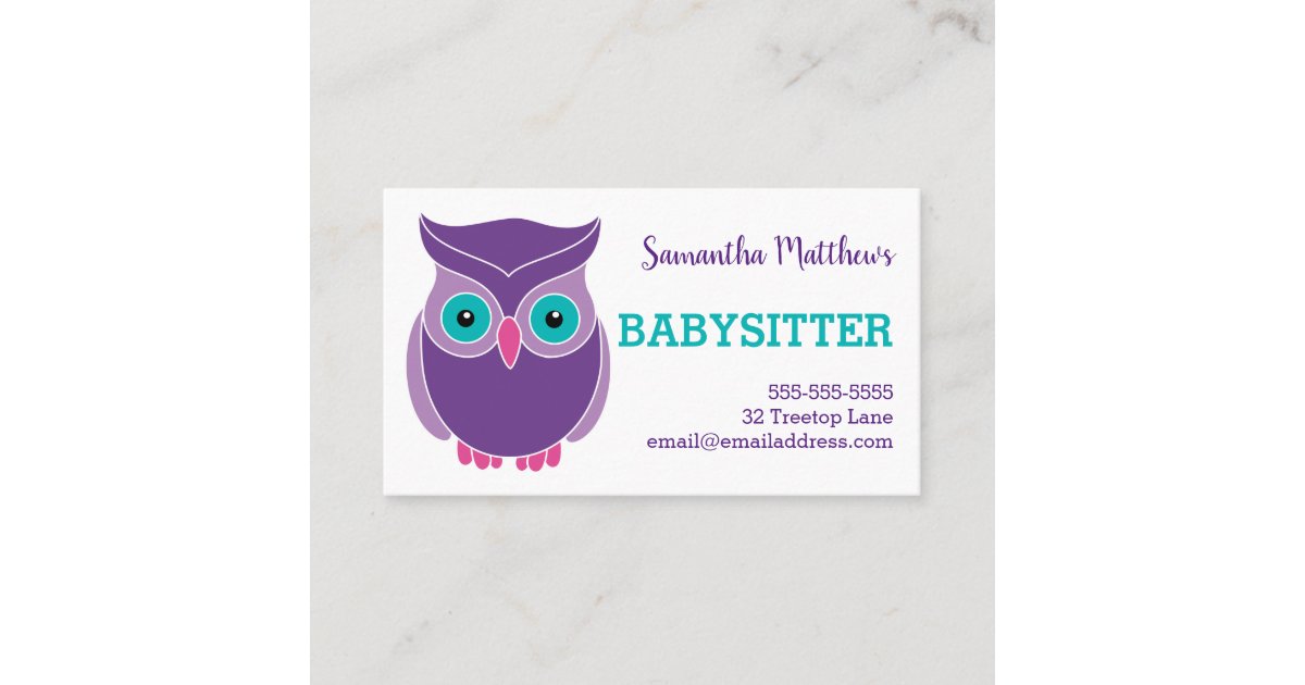 Babysitter Cute Purple Owl Childcare Provider Business Card | Zazzle
