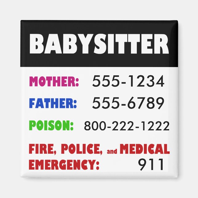 Babysitter Emergency Phone Numbers magnet (Front)