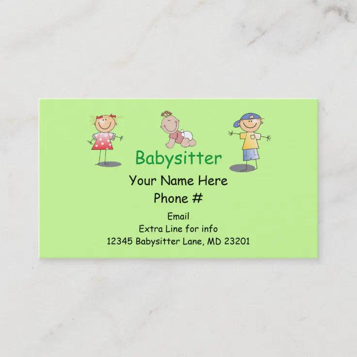 Babysitter Nanny Cartoon Stick Kids Boy Girl Baby Business Card 