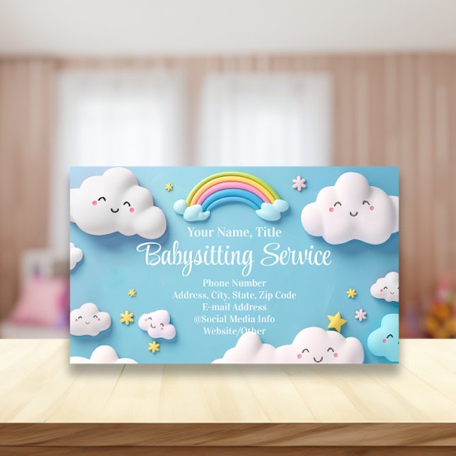 Babysitter Nanny Childcare Happy Clouds Business Card (pastel babysitting childcare business cards)