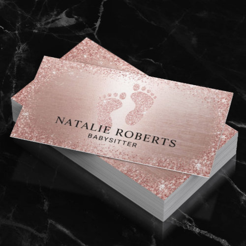 Babysitter Nanny Modern Rose Gold Glitter Business Card