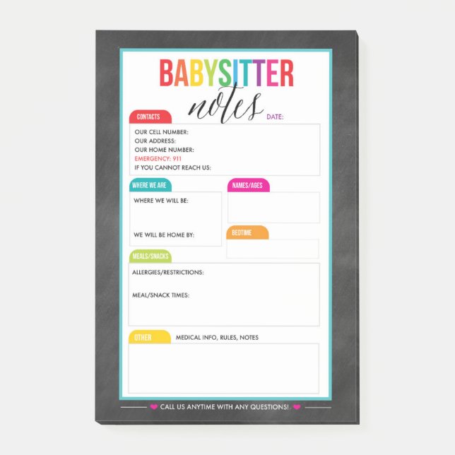 Babysitter Notes Notepad for Parents (Front)