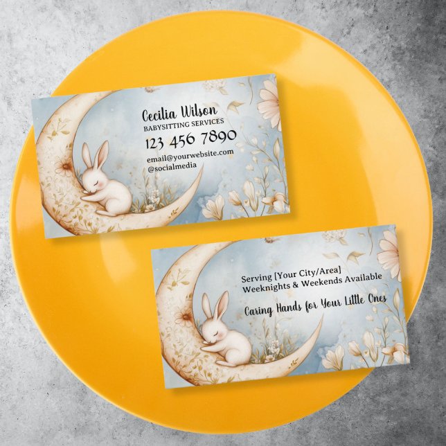 Babysitter Services, Babysitting, Nanny, Childcare Business Card (cute little rabbit pastel blue and beige babysitting)